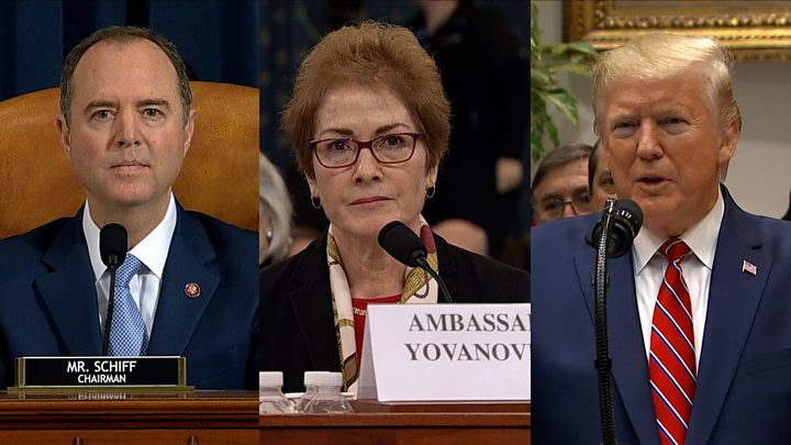 Trump impeachment hearing shot with President Trump Rep Schiff and Amb Yovanovich